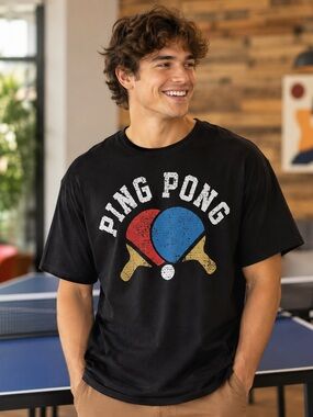 Port and Company Black 'Ping Pong' Graphic Tee with Red, Blue and Gold Accents